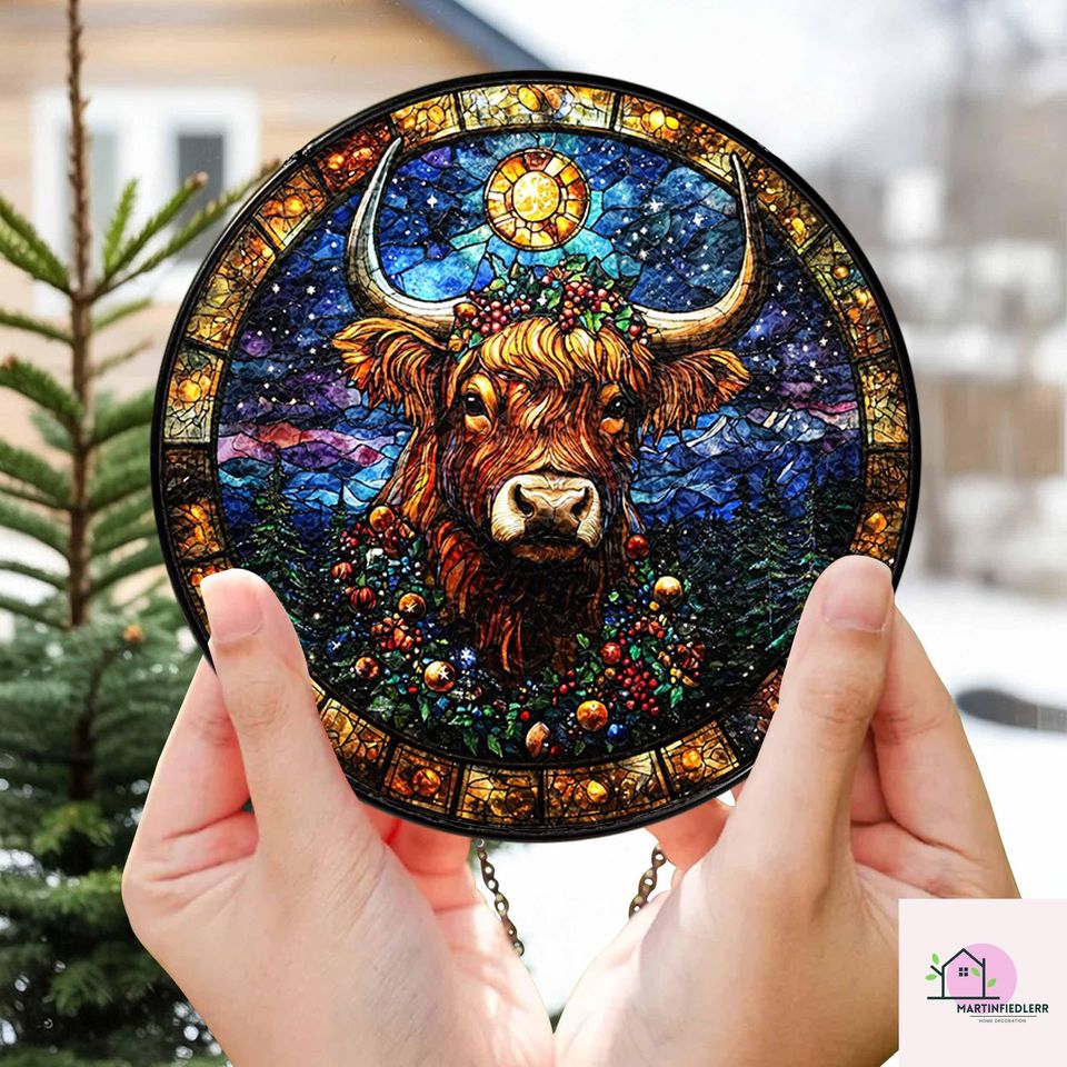 Starry Highland Cow Stained Glass Suncatcher - Rustic Christmas Window Ornament