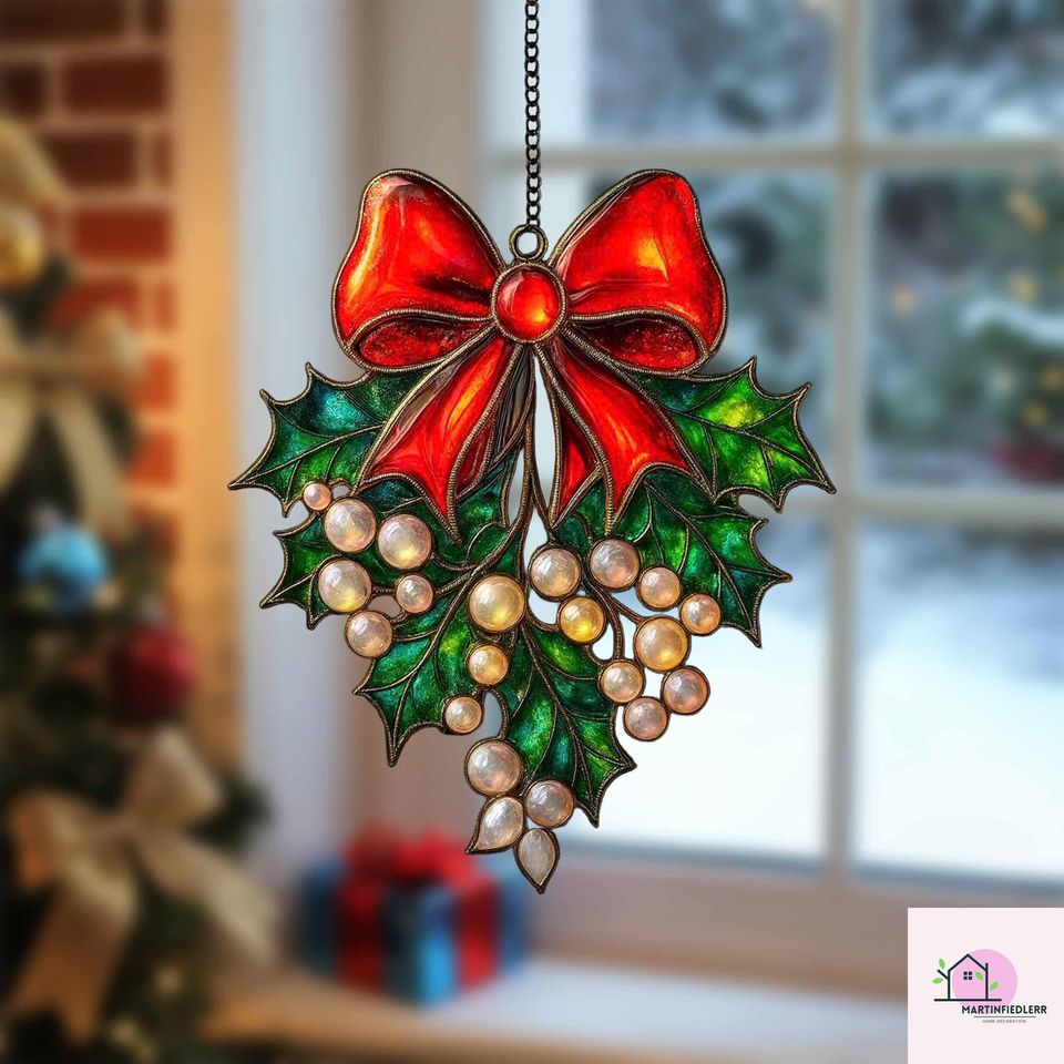 Holly Berry Bow Acrylic Suncatcher Christmas Window Ornament