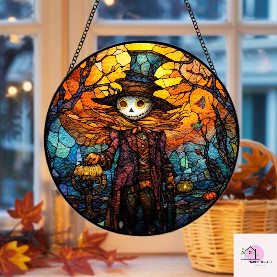 Scarecrow Pumpkin Suncatcher Halloween Stained Glass Window Hanging
