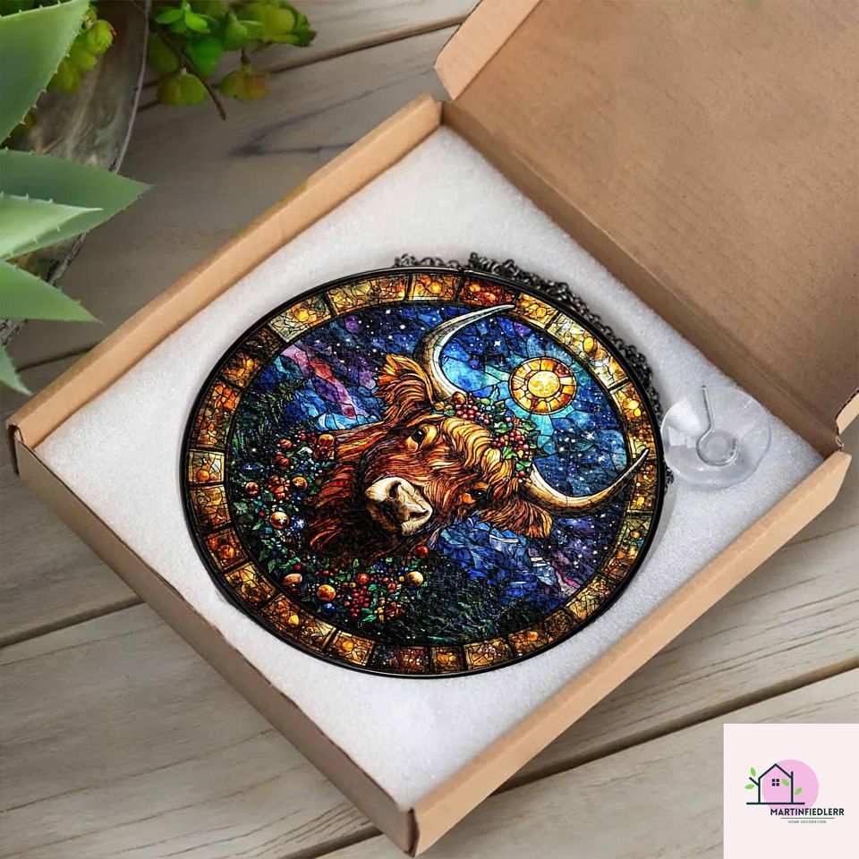 Starry Highland Cow Stained Glass Suncatcher - Rustic Christmas Window Ornament