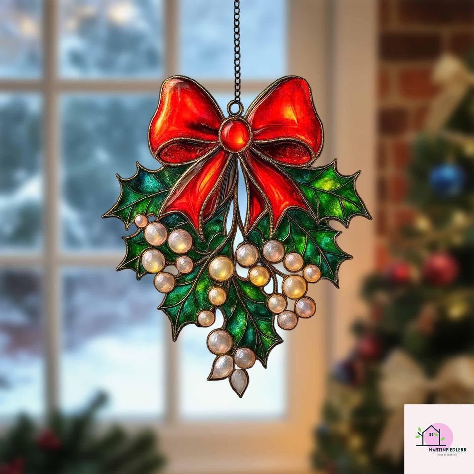 Holly Berry Bow Acrylic Suncatcher Christmas Window Ornament