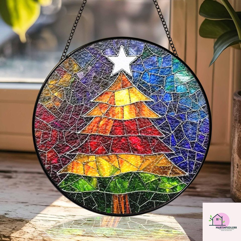 Rainbow Christmas Tree Suncatcher, Stained Glass Window Decor, Holiday Colorful Ornament