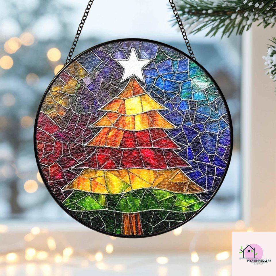 Rainbow Christmas Tree Suncatcher, Stained Glass Window Decor, Holiday Colorful Ornament