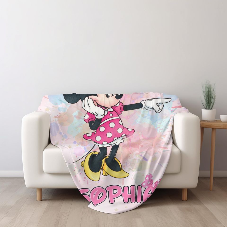 Personalized Disney Name Fleece Blanket with Minnie Character, Soft Cozy Quilt