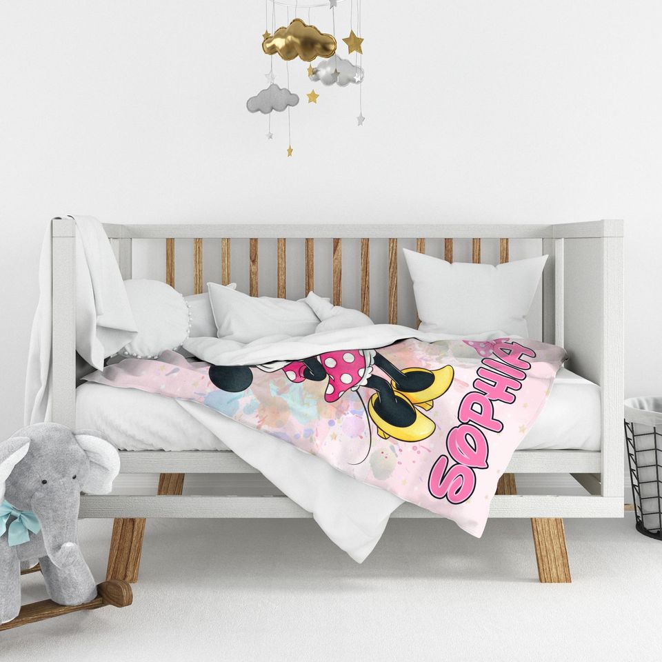 Personalized Disney Name Fleece Blanket with Minnie Character, Soft Cozy Quilt