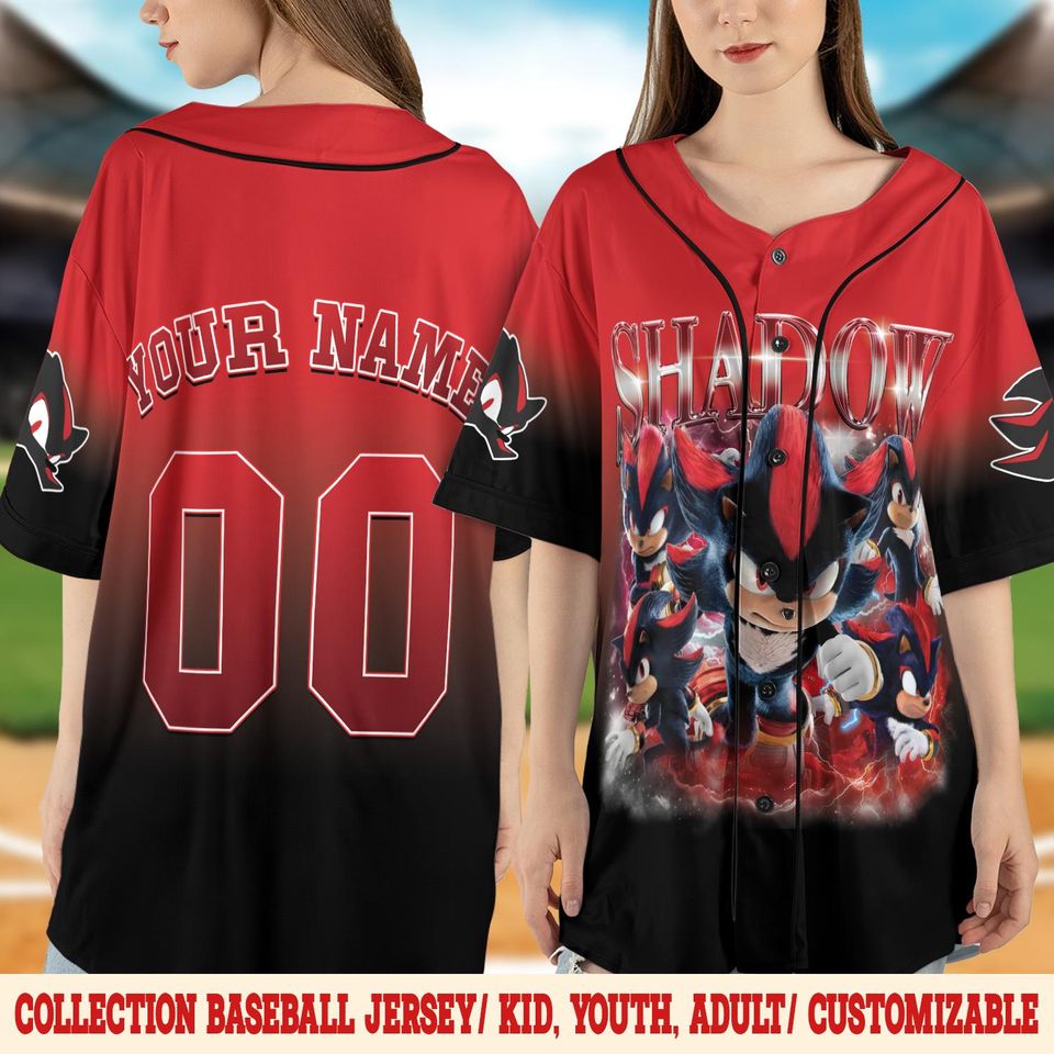Personalized Sonic Shadow Baseball Jersey, Custom Sonic Game Day Jersey, Sonic Birthday Gift
