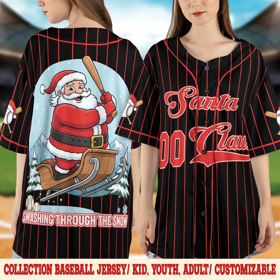 Santa Claus Merry Christmas Baseball Jersey, Smashing Through The Snow Baseball Jersey