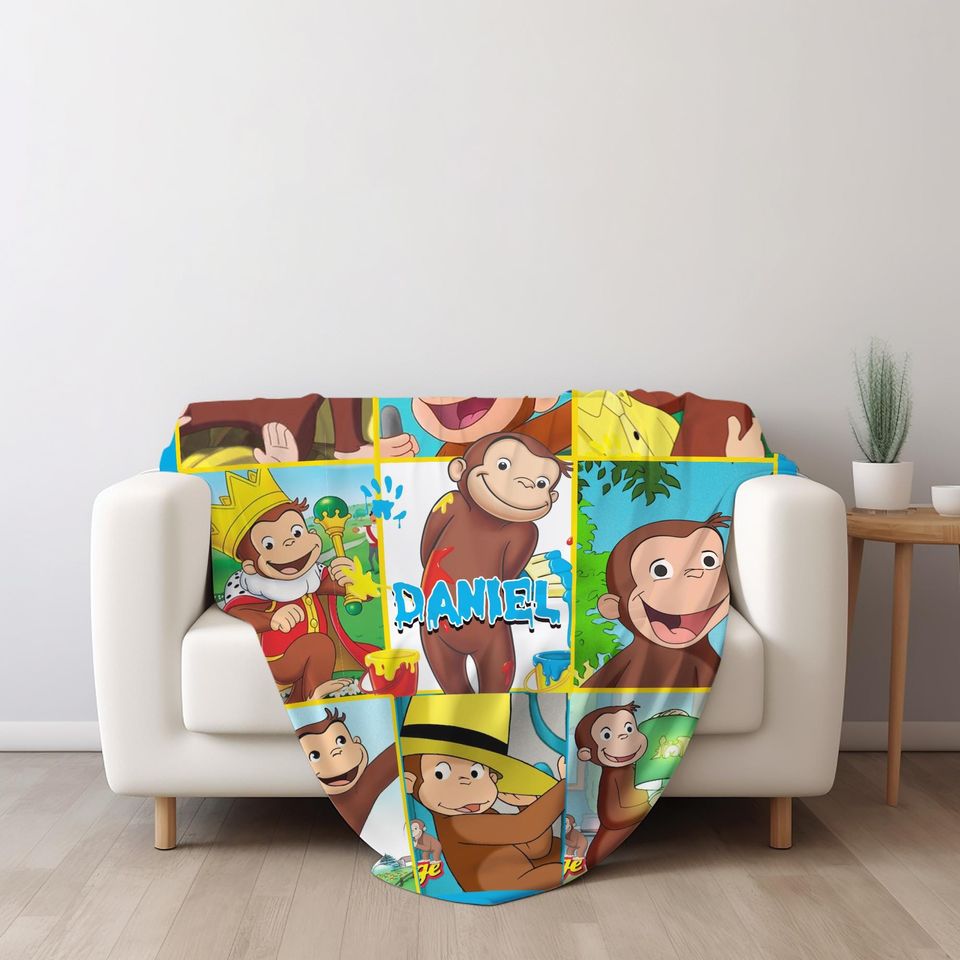 Customized Curious George Blanket Personalized Flannel Couch Nap Blanket