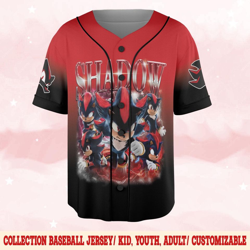 Personalized Sonic Shadow Baseball Jersey, Custom Sonic Game Day Jersey, Sonic Birthday Gift