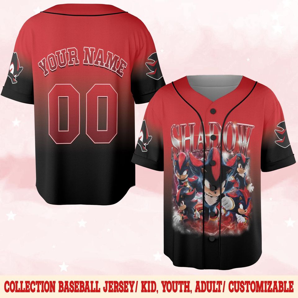 Personalized Sonic Shadow Baseball Jersey, Custom Sonic Game Day Jersey, Sonic Birthday Gift
