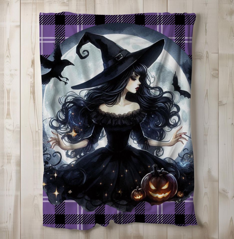 Pretty Witch Halloween Blanket, Plush Throw, Cozy Fall Decor