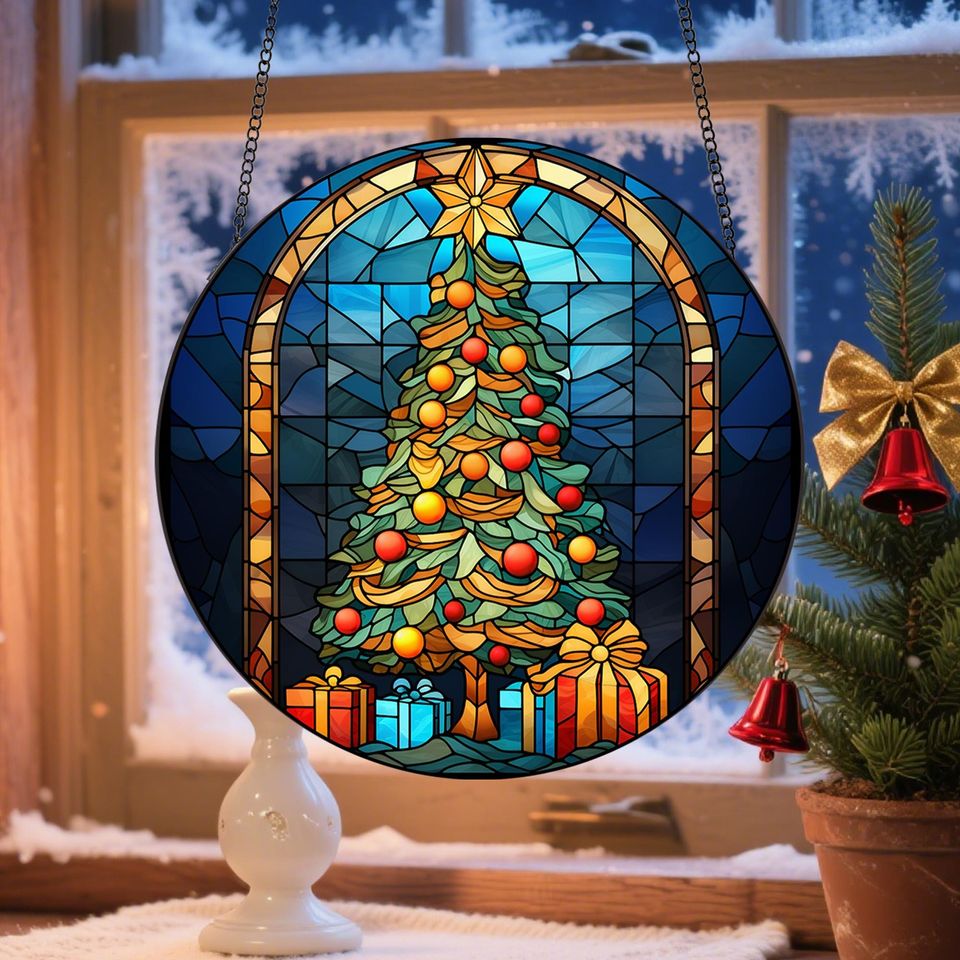 Christmas Trees Stained Glass, Suncatcher, Festive Stained Glass Christmas Tree Suncatcher, Holiday Decor, Gift For Family Window Hanging