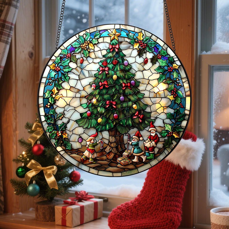 Christmas Trees Stained Glass, Suncatcher, Festive Stained Glass Christmas Tree Suncatcher, Holiday Decor, Gift For Family Window Hanging