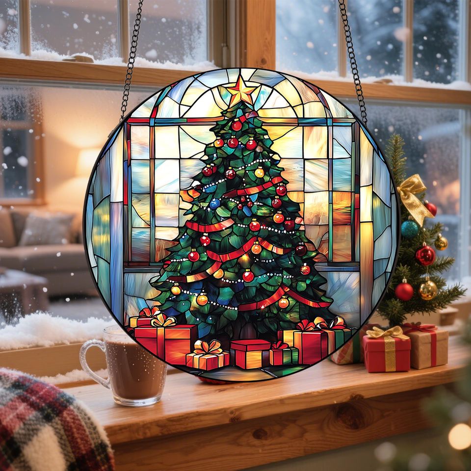 Christmas Trees Stained Glass, Suncatcher, Festive Stained Glass Christmas Tree Suncatcher, Holiday Decor, Gift For Family Window Hanging