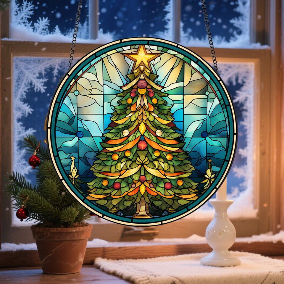 Christmas Trees Stained Glass, Suncatcher, Festive Stained Glass Christmas Tree Suncatcher, Holiday Decor, Gift For Family Window Hanging