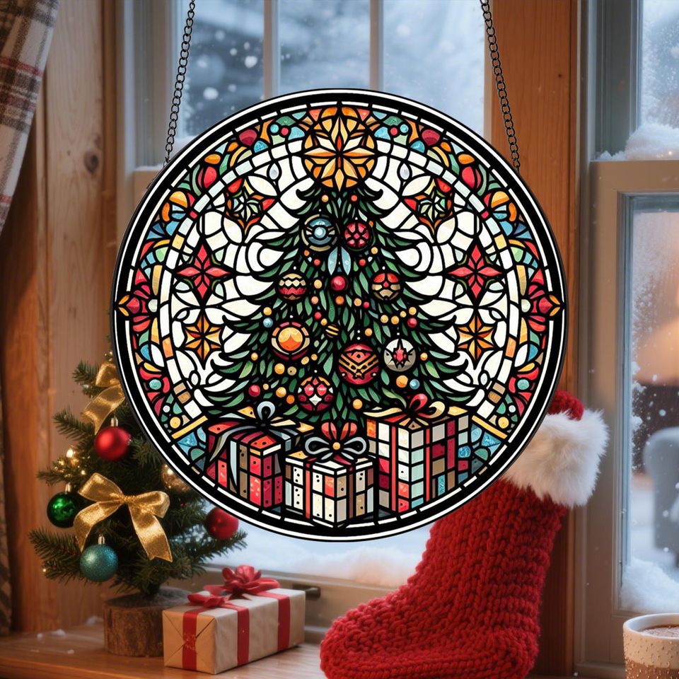 Christmas Trees Stained Glass, Suncatcher, Festive Stained Glass Christmas Tree Suncatcher, Holiday Decor, Gift For Family Window Hanging