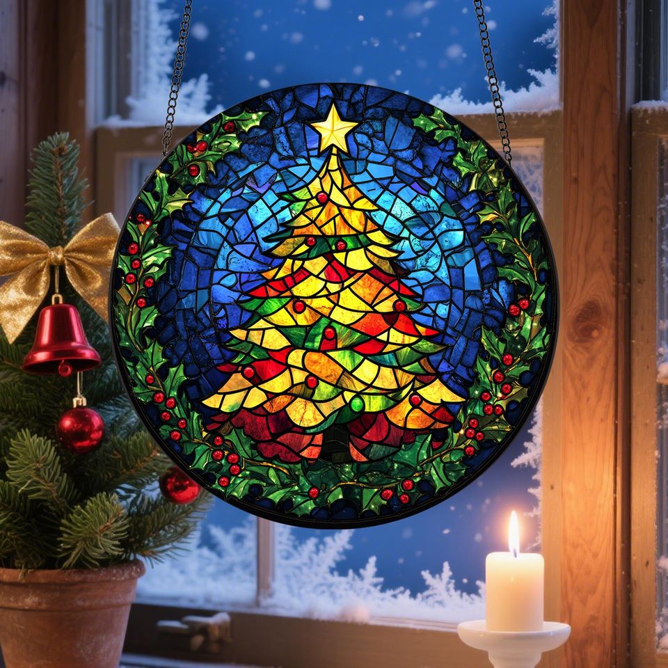 Christmas Trees Stained Glass, Suncatcher, Festive Stained Glass Christmas Tree Suncatcher, Holiday Decor, Gift For Family Window Hanging