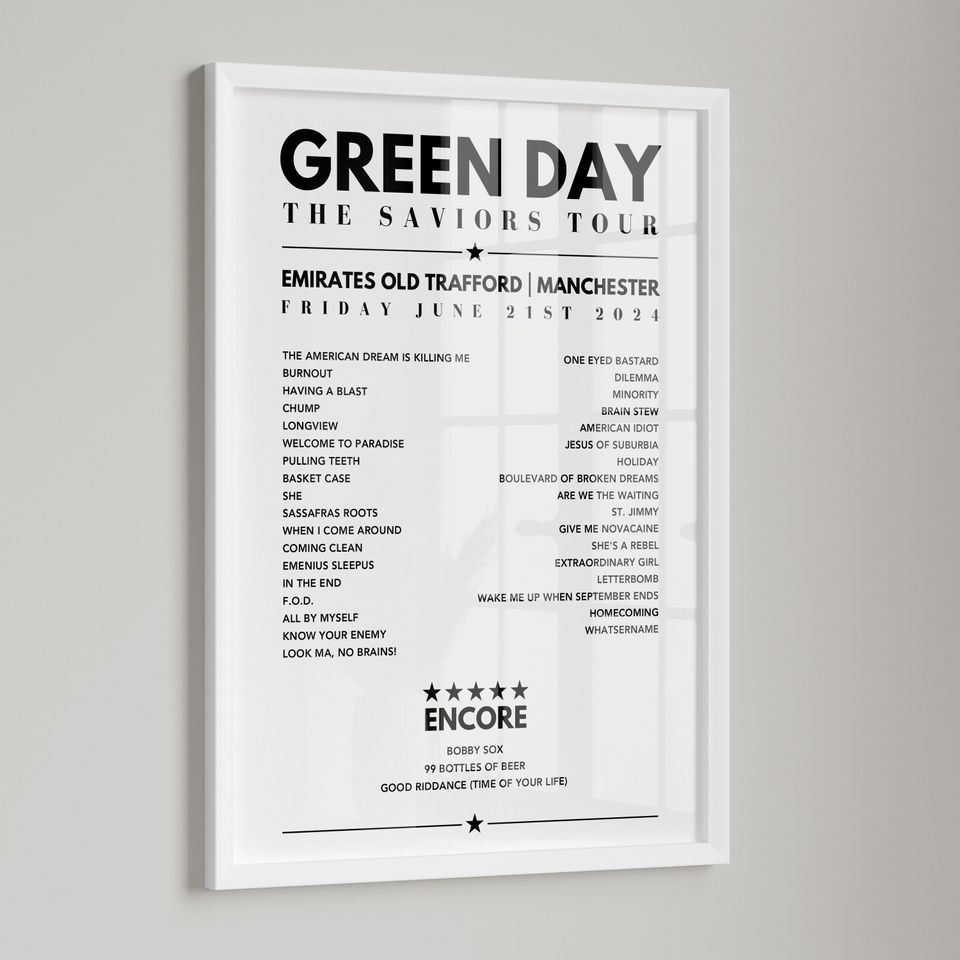 Green Day Setlist Poster - Emirates Old Trafford, Manchester, June 21st 2024 (ALL DATES COVERED)