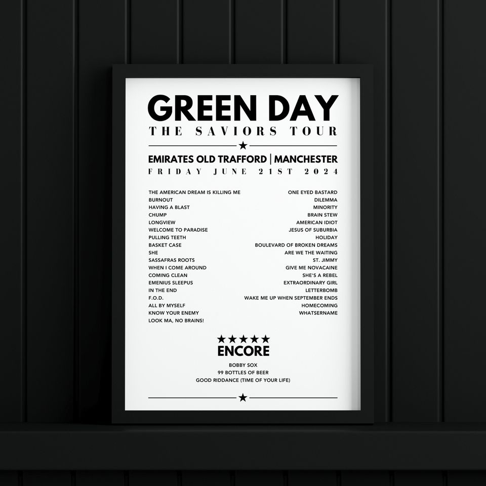 Green Day Setlist Poster - Emirates Old Trafford, Manchester, June 21st 2024 (ALL DATES COVERED)
