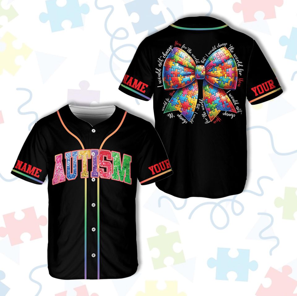 Personalized Coquette Autism Awareness Baseball Jersey, Custom Name Number, Autism Support Squad Baseball Jersey, Autism Mom, Puzzle Bow