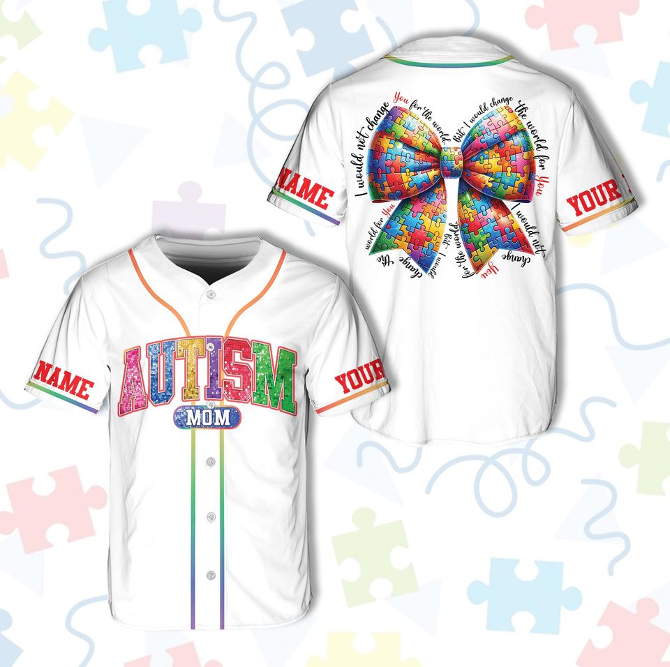 Personalized Coquette Autism Awareness Baseball Jersey, Custom Name Number, Autism Support Squad Baseball Jersey, Autism Mom, Puzzle Bow