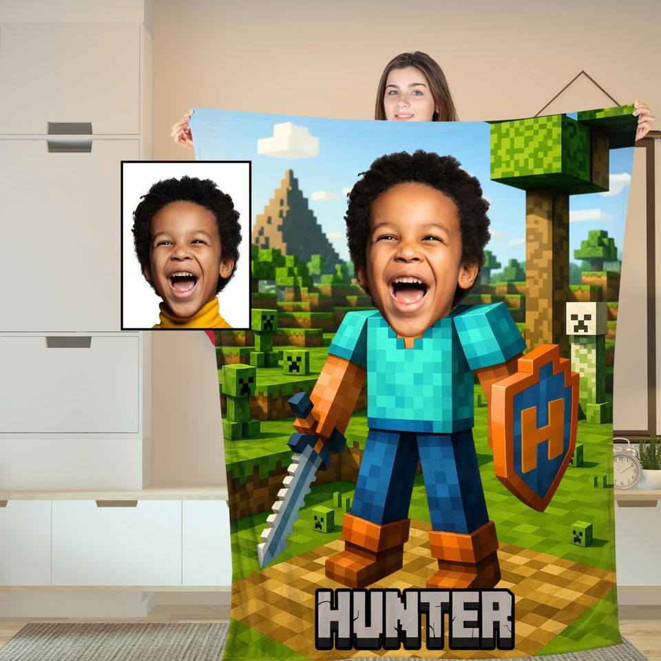 Personalized Minecraft Blanket, Custom Pixel-Style with Face & Name, Gamer Gift