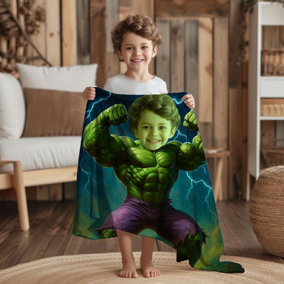 Custom Superhero Hulk Strength Blanket with Childs Face and Name, Personalized Powerful Hero