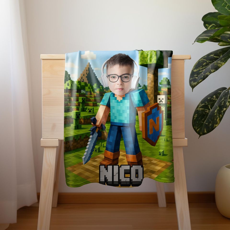 Personalized Minecraft Blanket, Custom Pixel-Style with Face & Name, Gamer Gift