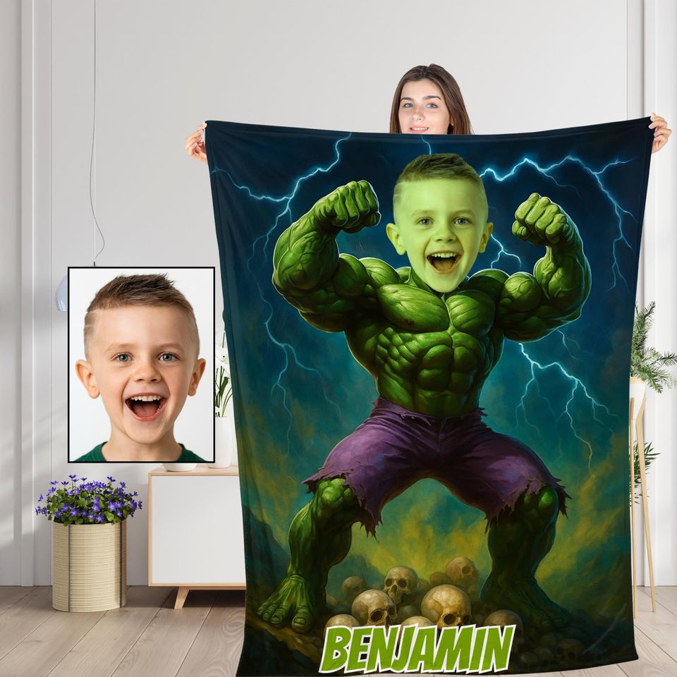 Custom Superhero Hulk Strength Blanket with Childs Face and Name, Personalized Powerful Hero
