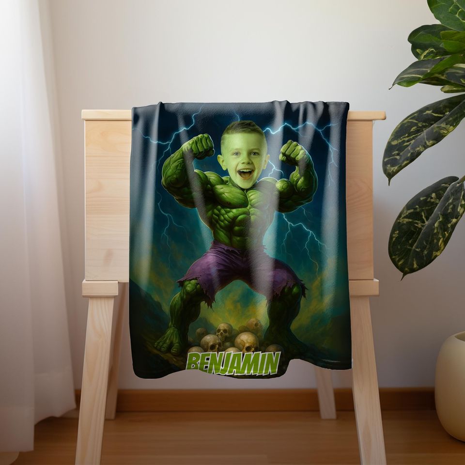Custom Superhero Hulk Strength Blanket with Childs Face and Name, Personalized Powerful Hero