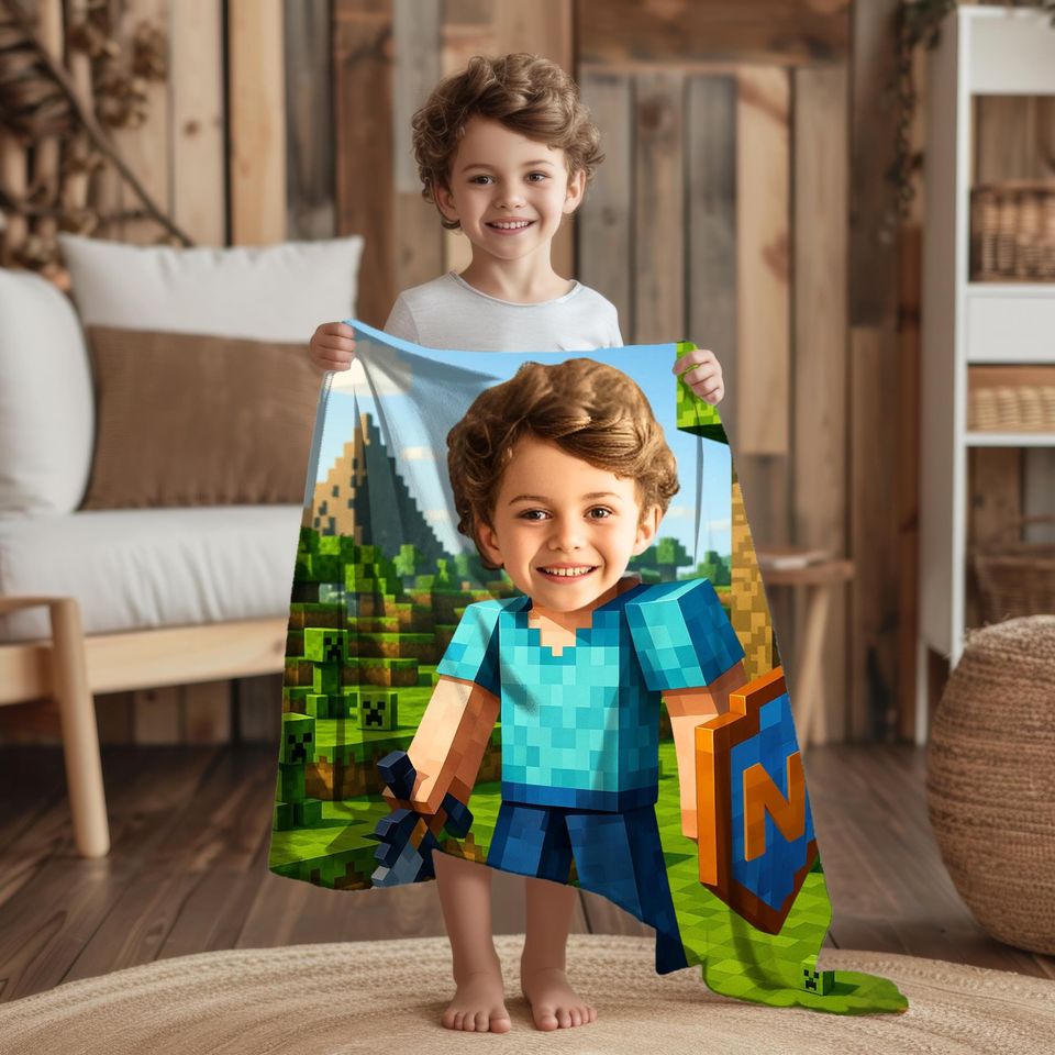Personalized Minecraft Blanket, Custom Pixel-Style with Face & Name, Gamer Gift