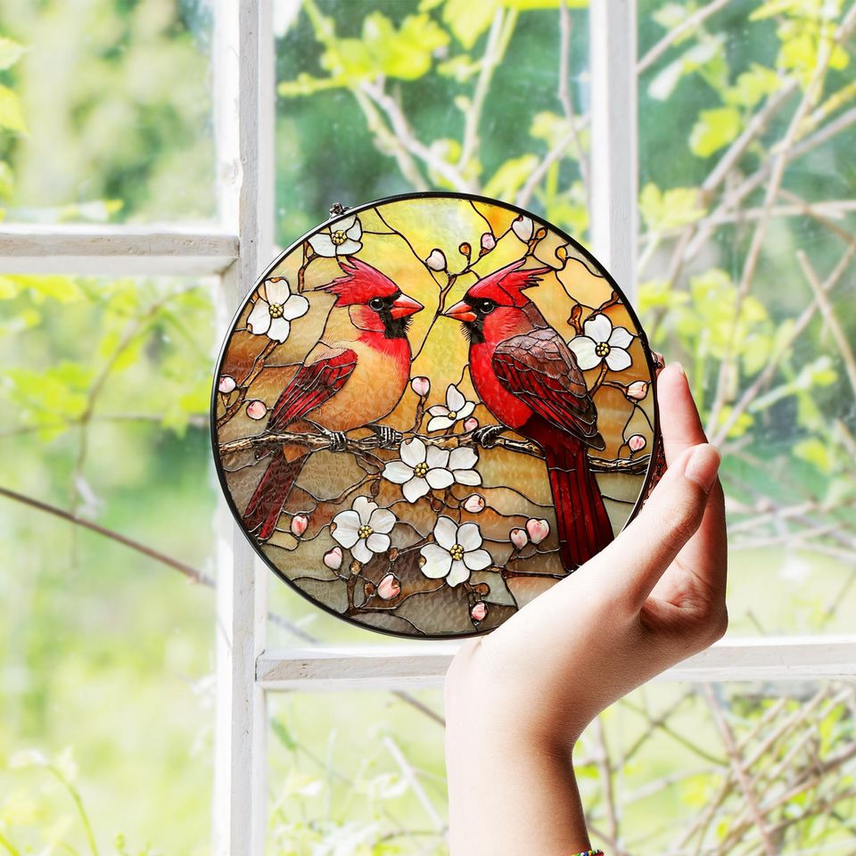 Red Cardinal Stained Glass Suncatcher, Cardinal Bird Lover Gift