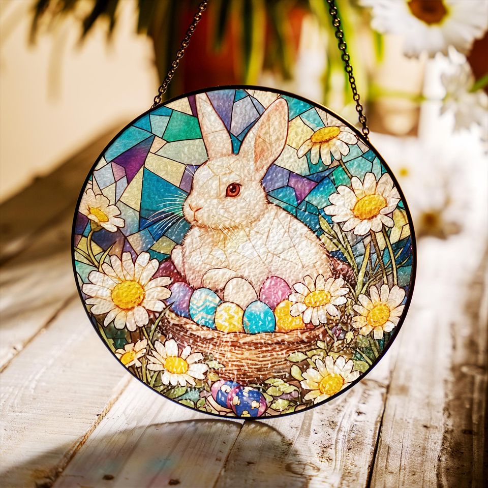 Easter Bunny Eggs Suncatcher, Stained Glass Easter Decor