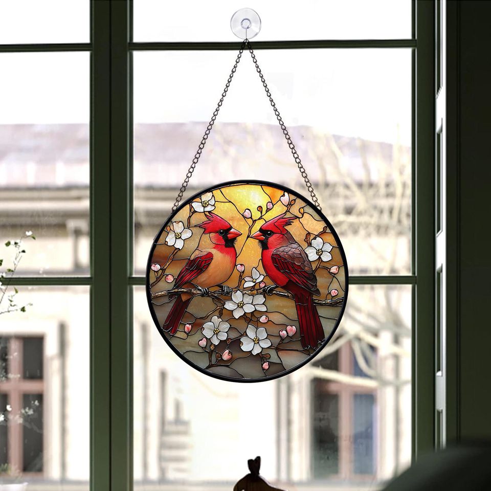 Red Cardinal Stained Glass Suncatcher, Cardinal Bird Lover Gift