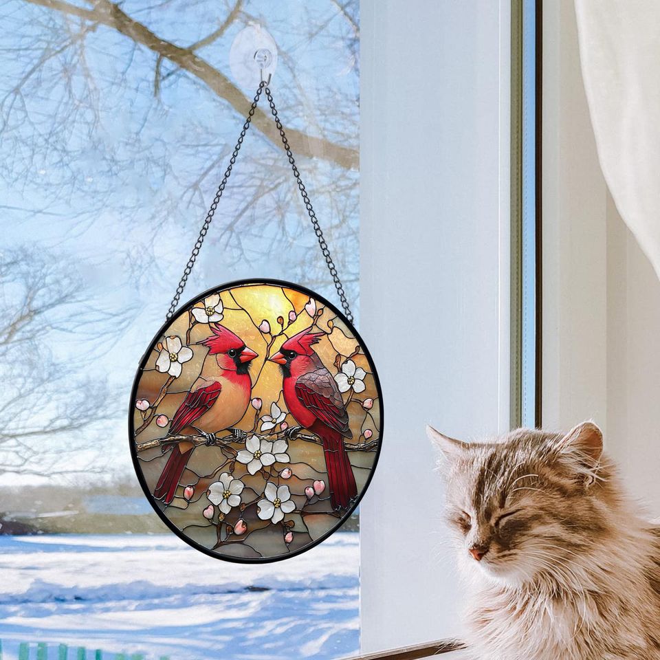 Red Cardinal Stained Glass Suncatcher, Cardinal Bird Lover Gift