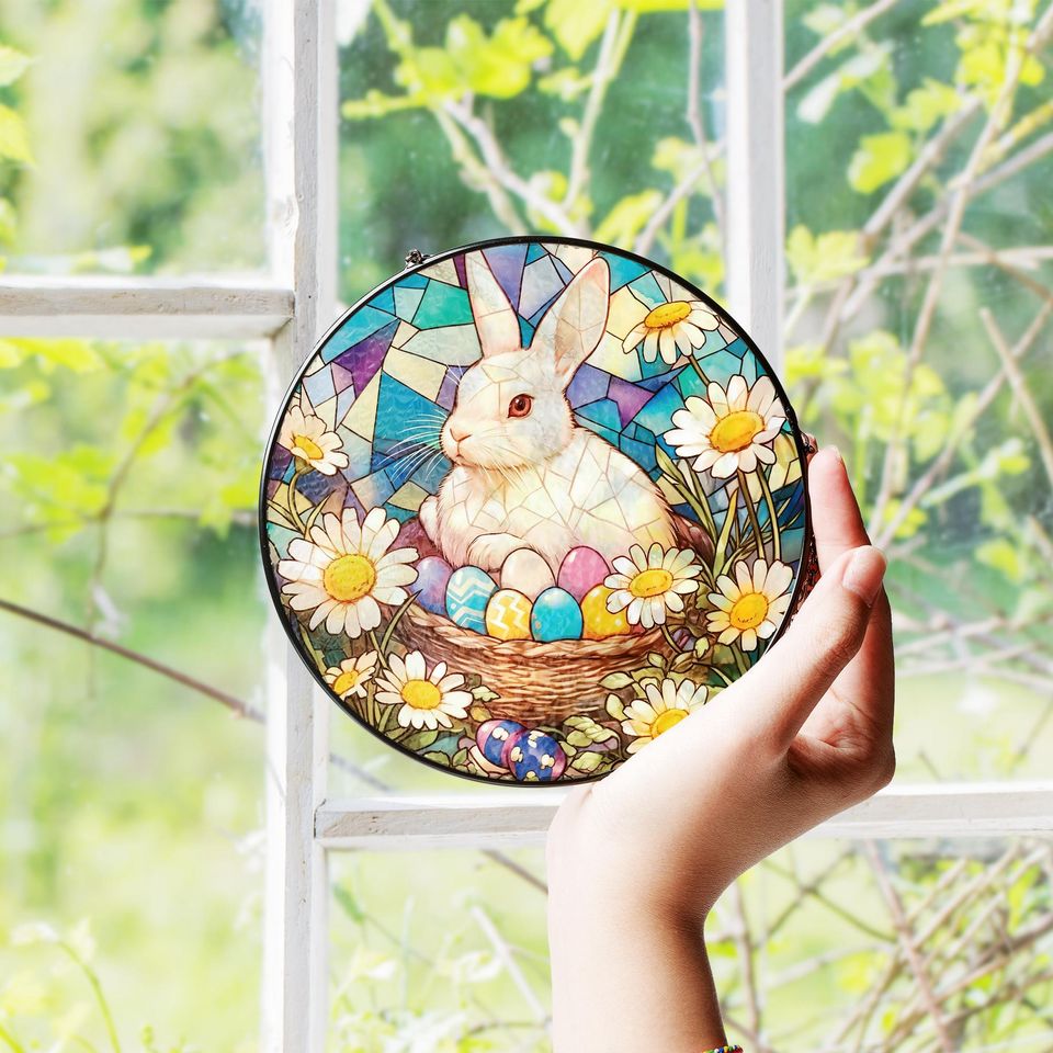 Easter Bunny Eggs Suncatcher, Stained Glass Easter Decor