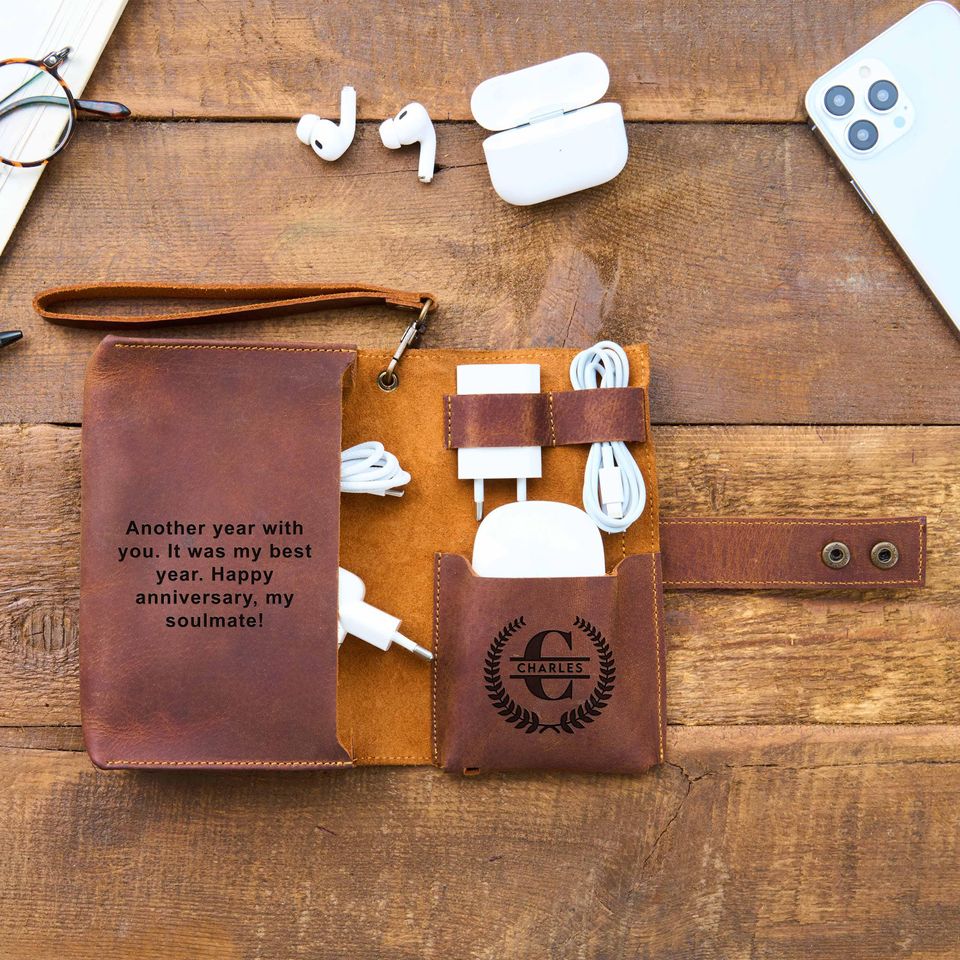 Custom Engraved Leather Charger Bag - Personalized Travel Cord Organizer for Valentines Day or Anniversary