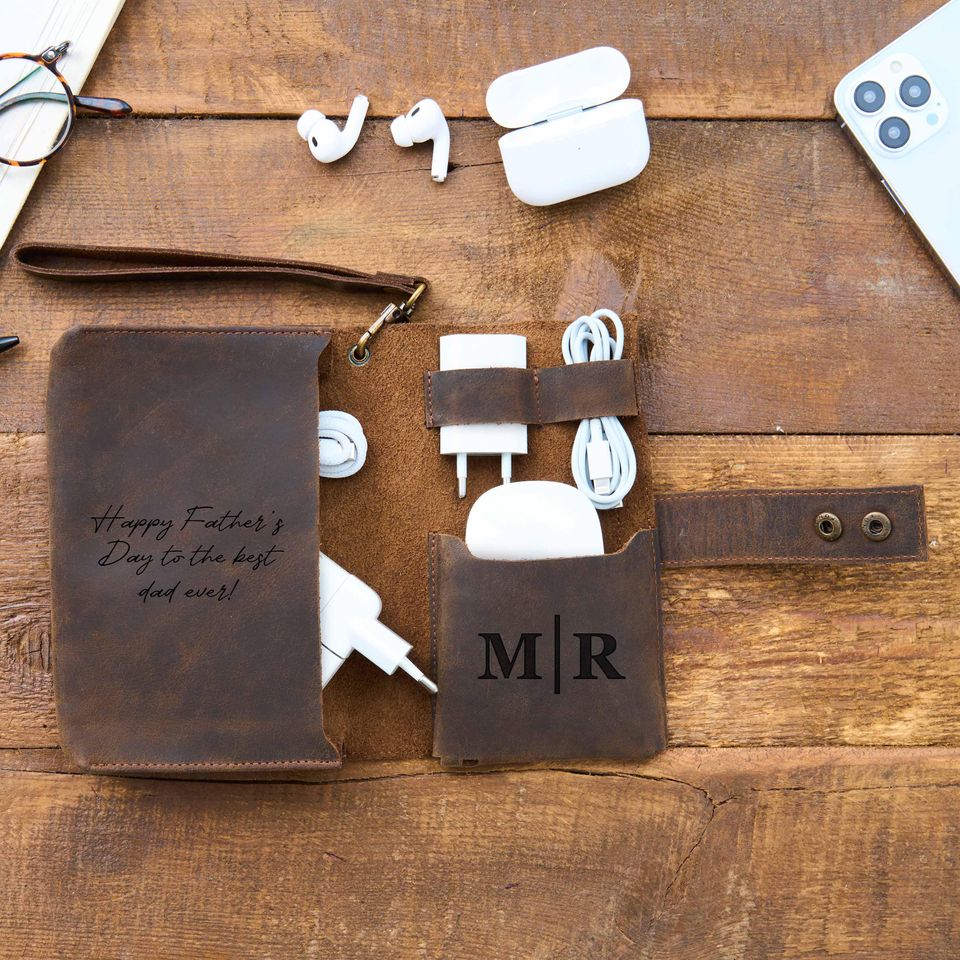 Custom Engraved Leather Charger Bag - Personalized Travel Cord Organizer for Valentines Day or Anniversary