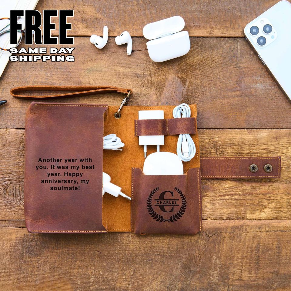 Custom Engraved Leather Charger Bag - Personalized Travel Cord Organizer for Valentines Day or Anniversary