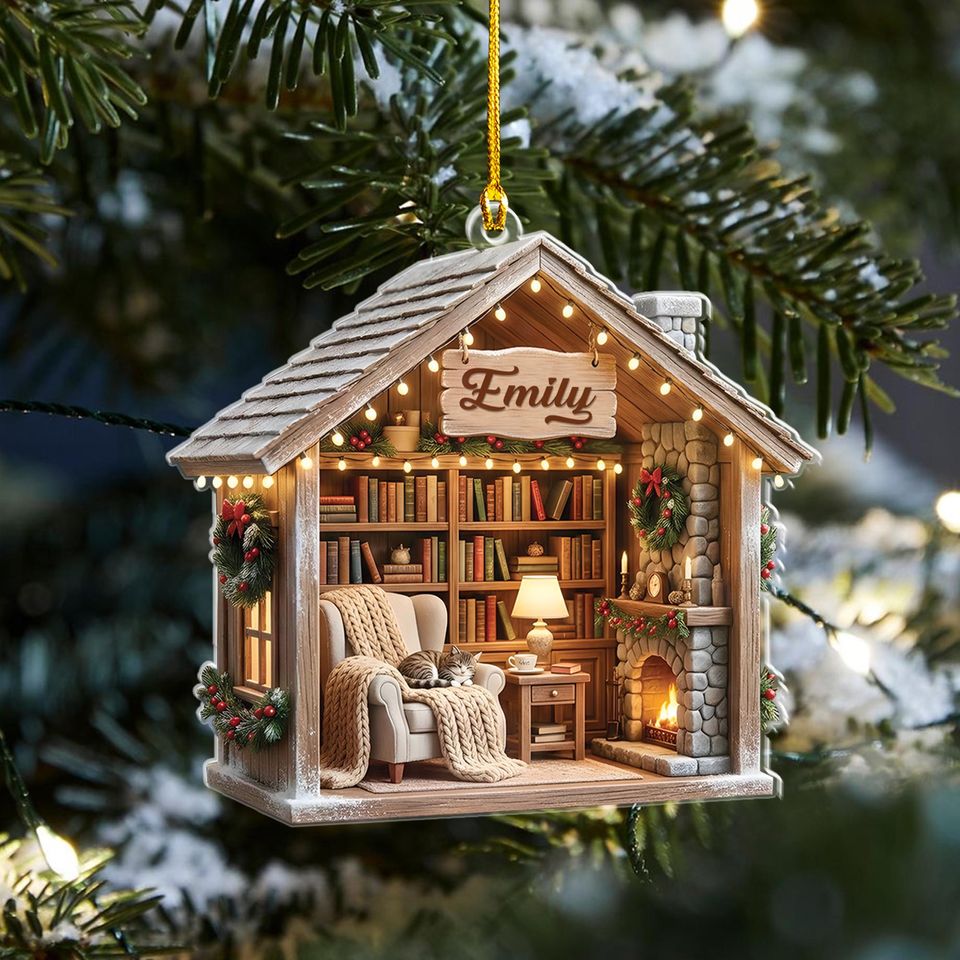 Personalized Reading Nook Acrylic Ornament, Book Lover Gift, Custom Name Library Decor, Christmas Reader Keepsake