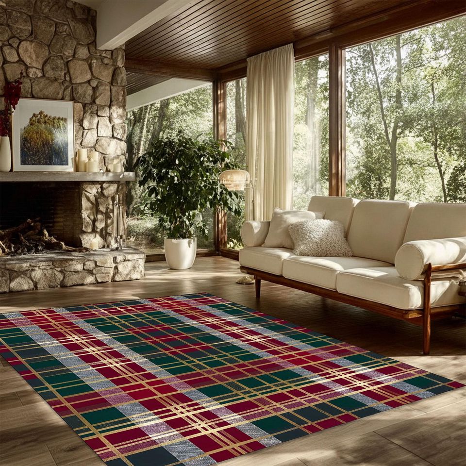 Red Green Plaid Christmas Rug, Washable Tartan Holiday Carpet, Festive Winter Area Mat, Seasonal Living Room Dcor, Cozy Xmas Checkered Rug