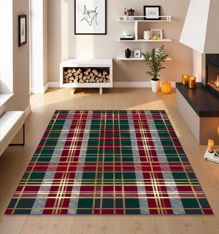 Red Green Plaid Christmas Rug, Washable Tartan Holiday Carpet, Festive Winter Area Mat, Seasonal Living Room Dcor, Cozy Xmas Checkered Rug