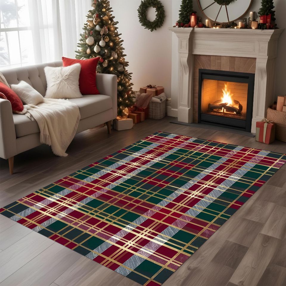 Red Green Plaid Christmas Rug, Washable Tartan Holiday Carpet, Festive Winter Area Mat, Seasonal Living Room Dcor, Cozy Xmas Checkered Rug