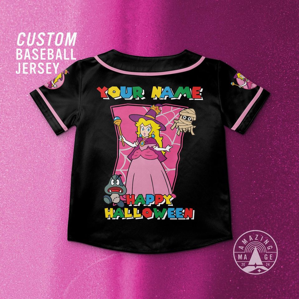Custom Mario Peaches Happy Halloween Baseball Jersey, Princess Peach Mario Halloween Jersey Shirt, Mario Nintendo Halloween Gift Shirt
