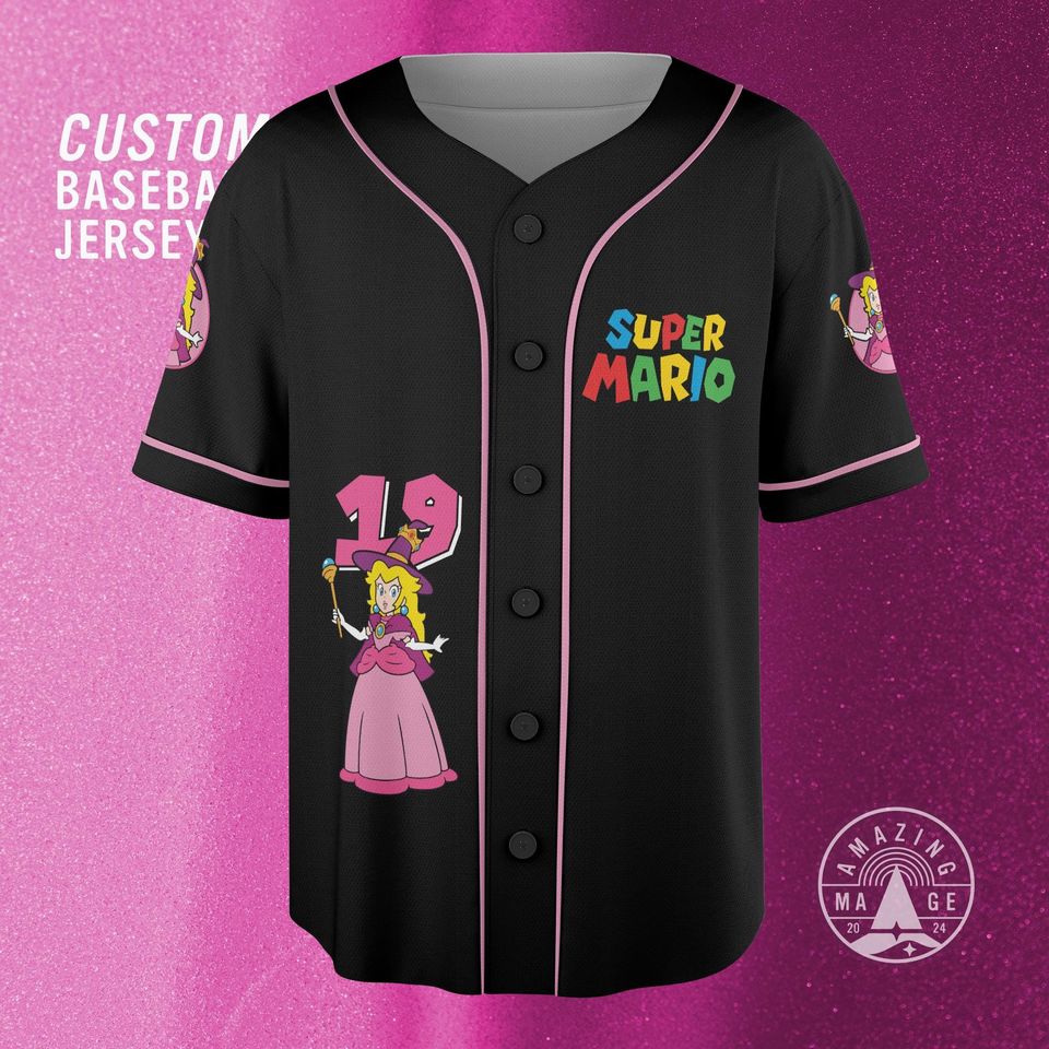 Custom Mario Peaches Happy Halloween Baseball Jersey, Princess Peach Mario Halloween Jersey Shirt, Mario Nintendo Halloween Gift Shirt