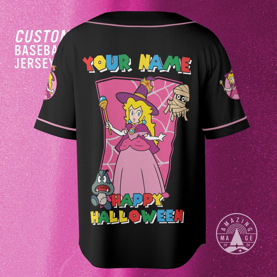 Custom Mario Peaches Happy Halloween Baseball Jersey, Princess Peach Mario Halloween Jersey Shirt, Mario Nintendo Halloween Gift Shirt