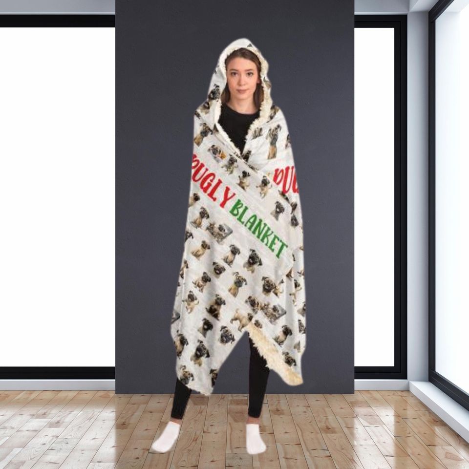 Pug Hooded Blanket All-Over Print Micro-Mink Shaggy Lining