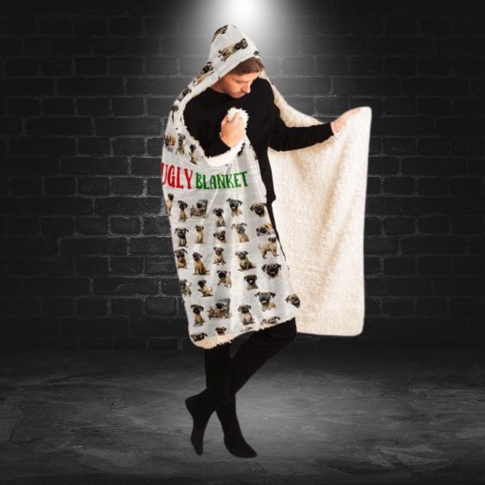 Pug Hooded Blanket All-Over Print Micro-Mink Shaggy Lining