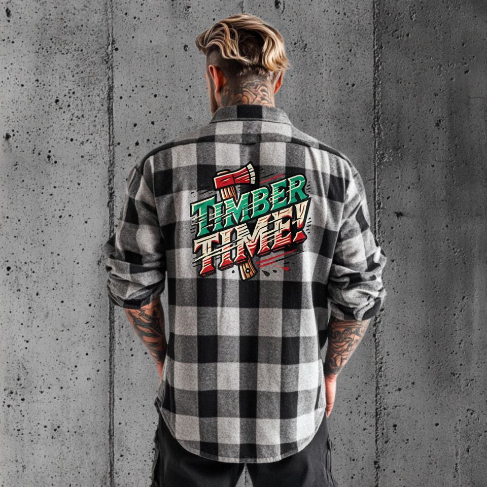 Lumberjack Flannel Shirt with Timber Time Graphic - Rustic Outdoor Apparel for Camping, Woodworkers, and Nature Lovers, Cozy Flannel
