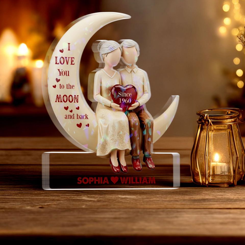 Personalized Couple Moon Hologram Acrylic Block, Custom Names & Anniversary Gift Plaque, Romantic I Love You to the Moon and Back Decor